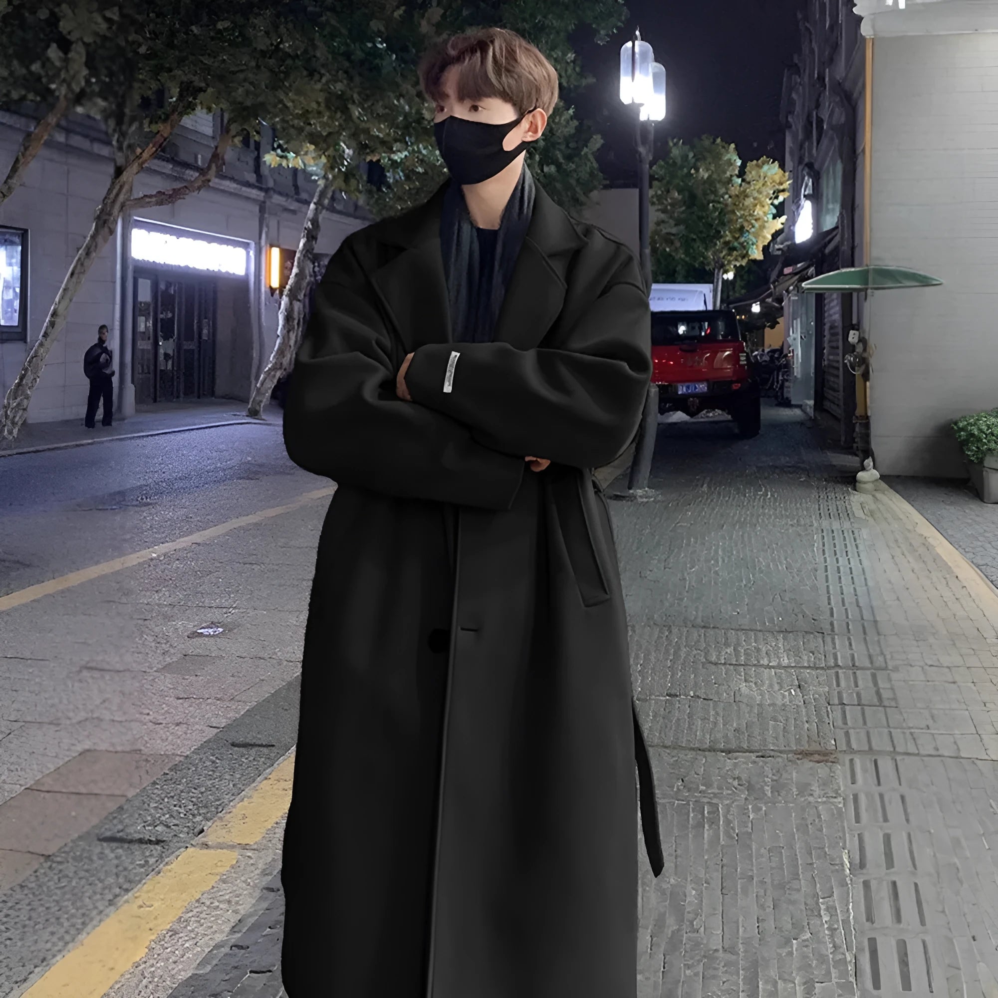 Men's mid-long wool coat in British style, black colour, with side seam pockets