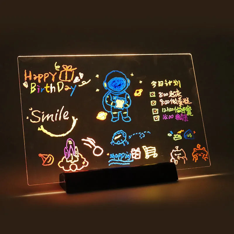 Rechargeable erasable acrylic luminous message board with stand, 12 crayons, black or white frame, 20x20cm or 30x20cm