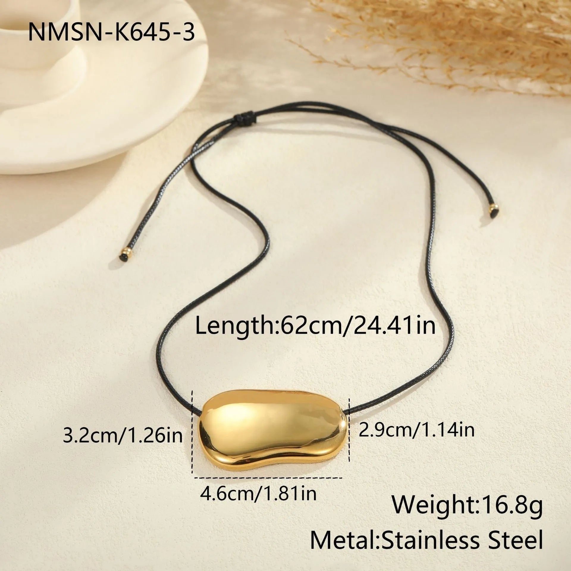 Gold or silver stainless steel necklace with black rope chain and irregular geometry pendant, shown next to a matching collar option.