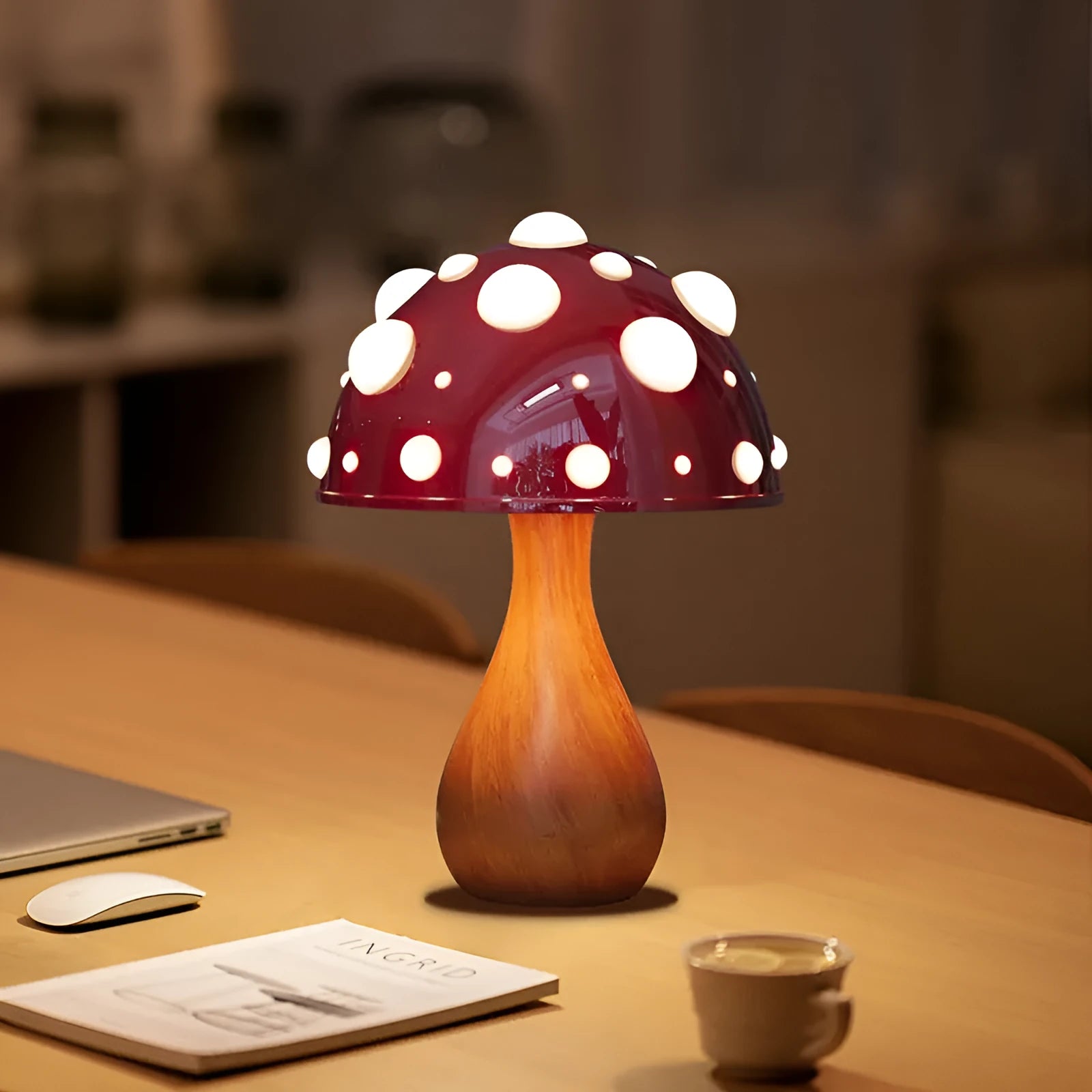 Modern mushroom-shaped table lamp with a touch dimming base on a wooden surface.