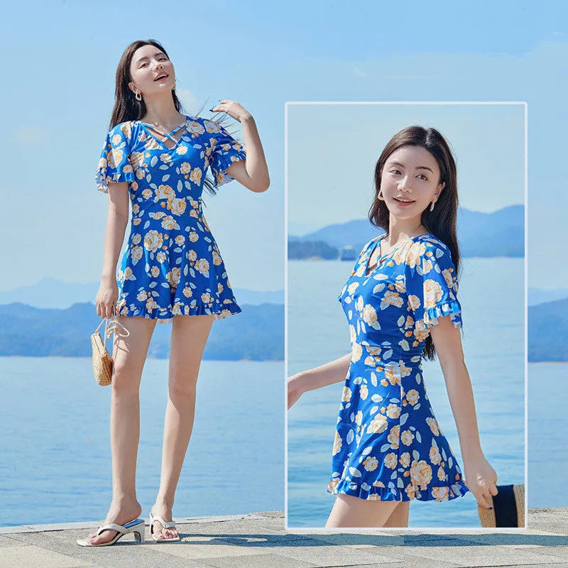 Women's high waist floral print one-piece swimsuit in blue pattern or white flower colours