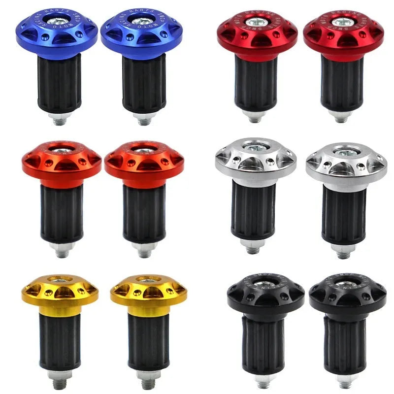 Set of metal motorcycle handlebar end plugs in six anodised colours: black, blue, red, gold, silver, orange