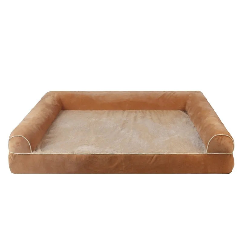 Rectangular grey dog bed with square raised edges and sponge fill for a sleeping dog.