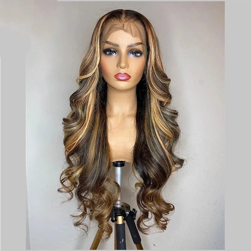 Front lace wig with long curly brown gradient hair and a side fringe.