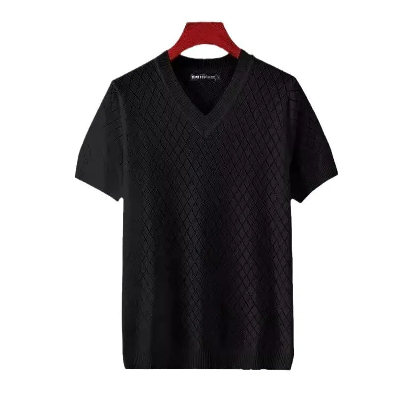 Men's black and white ice silk t-shirts showing V-neck and round neck options on a hanger.
