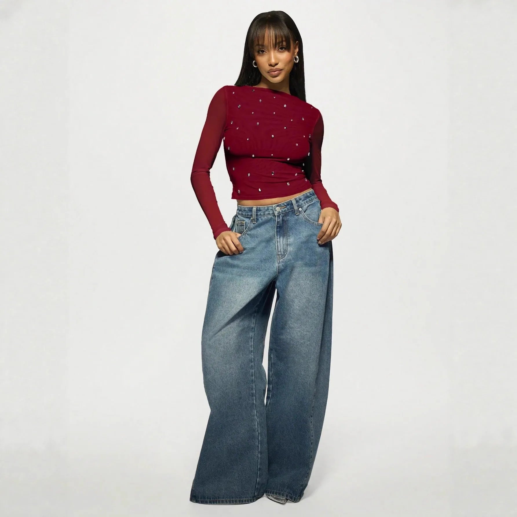 Women's long sleeve double-layer mesh top with rhinestone detailing in wine red, front view