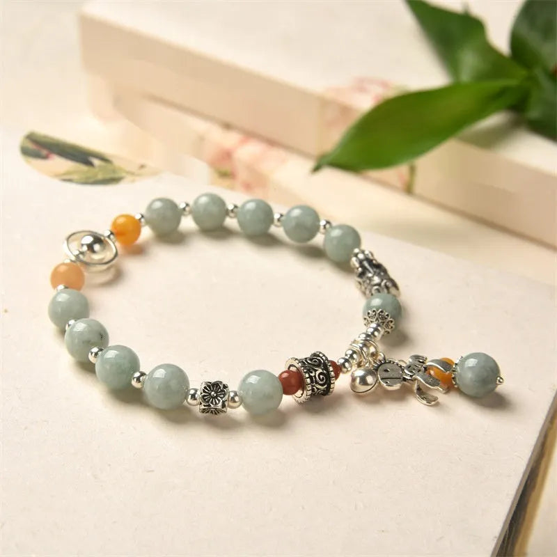 Natural emerald vintage bracelet with alloy components, manual DIY processing, retro jewellery style