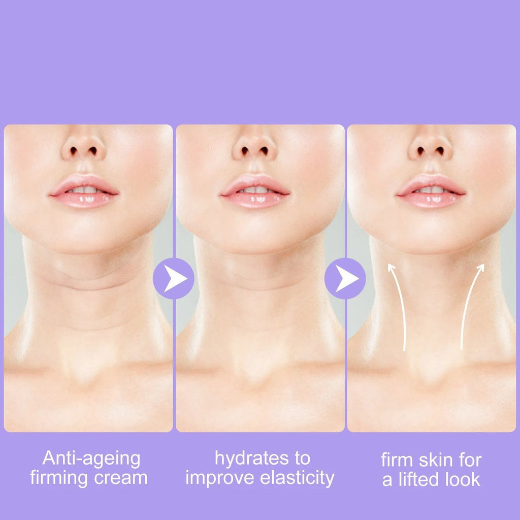 Purple bottle of anti-aging neck cream with multi-ball massage roller on neck