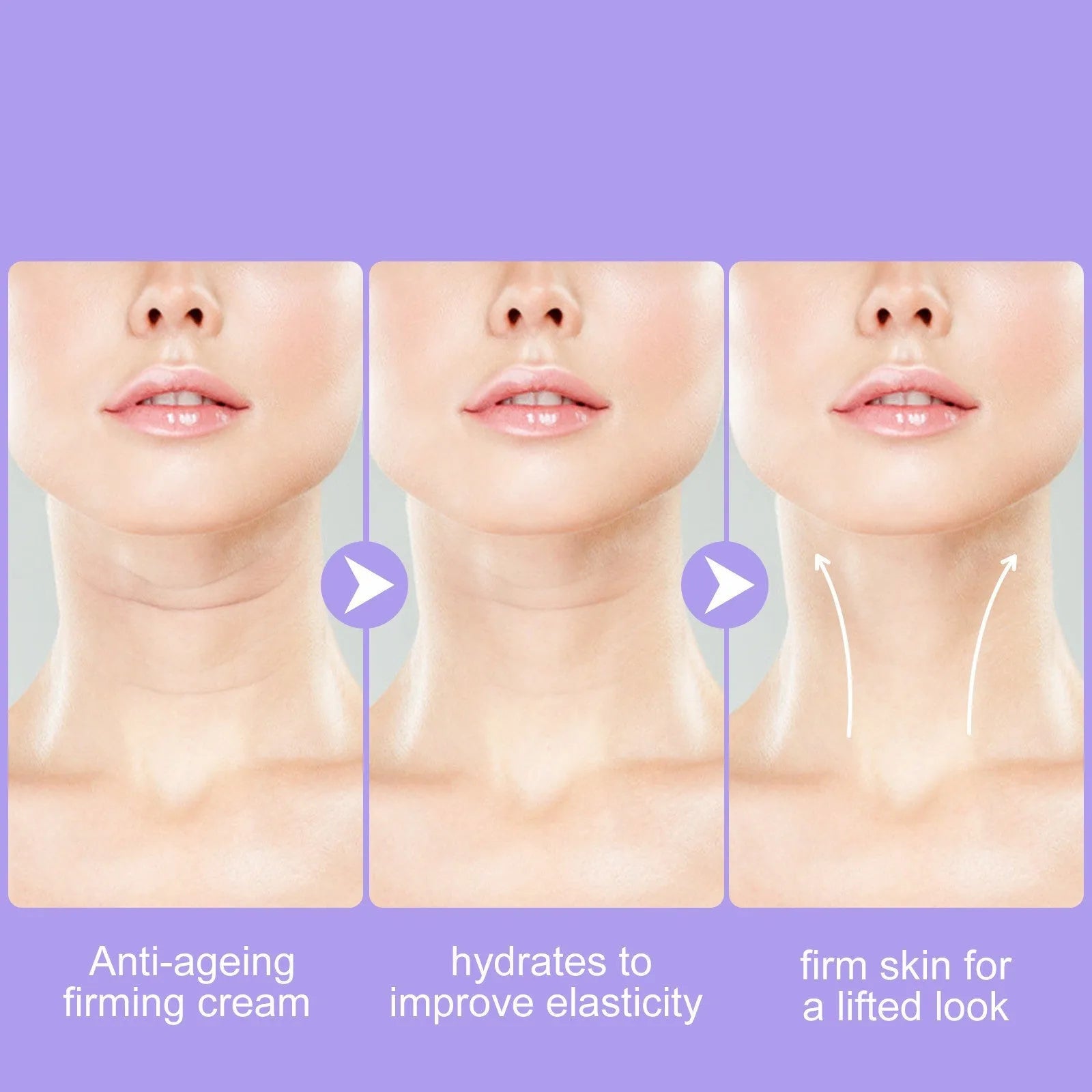 Purple bottle of anti-aging neck cream with multi-ball massage roller on neck