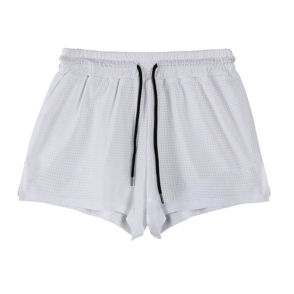 Men's white and black quick-drying nylon shorts for summer sports.