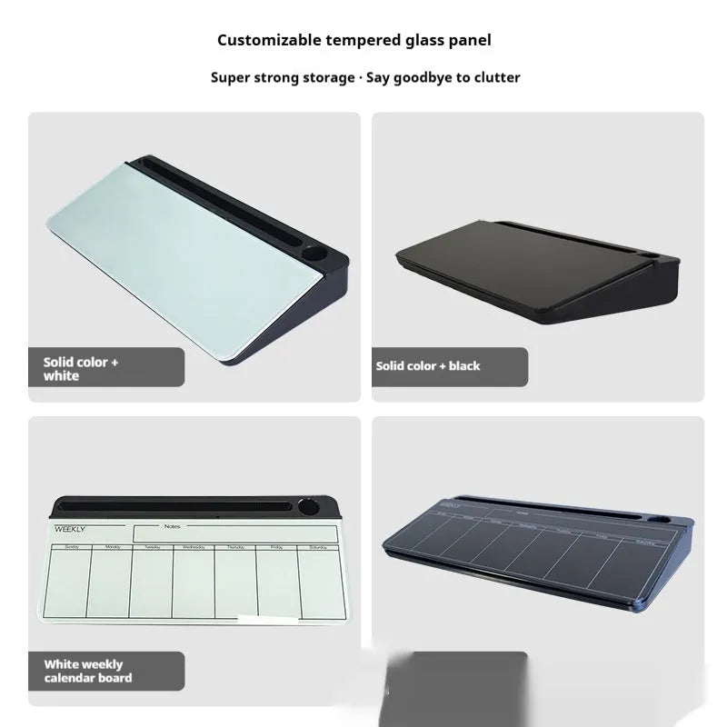 Table top glass whiteboard 18x40cm in black frame on a desk with markers