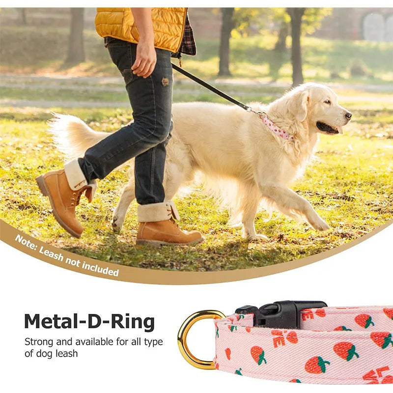 Adjustable dog collar with floral pattern in Strawberry colour on a white background