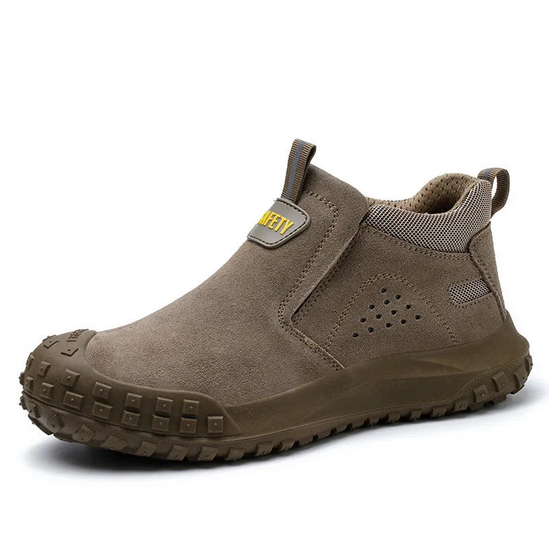 Mid-calf steel toe safety work boots in grey colour with suede leather and steel cloth upper for welding and industrial use