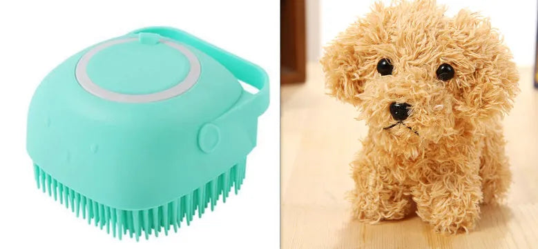 Silicone dog bath brush in blue with flexible bristles for gentle grooming and bathing.