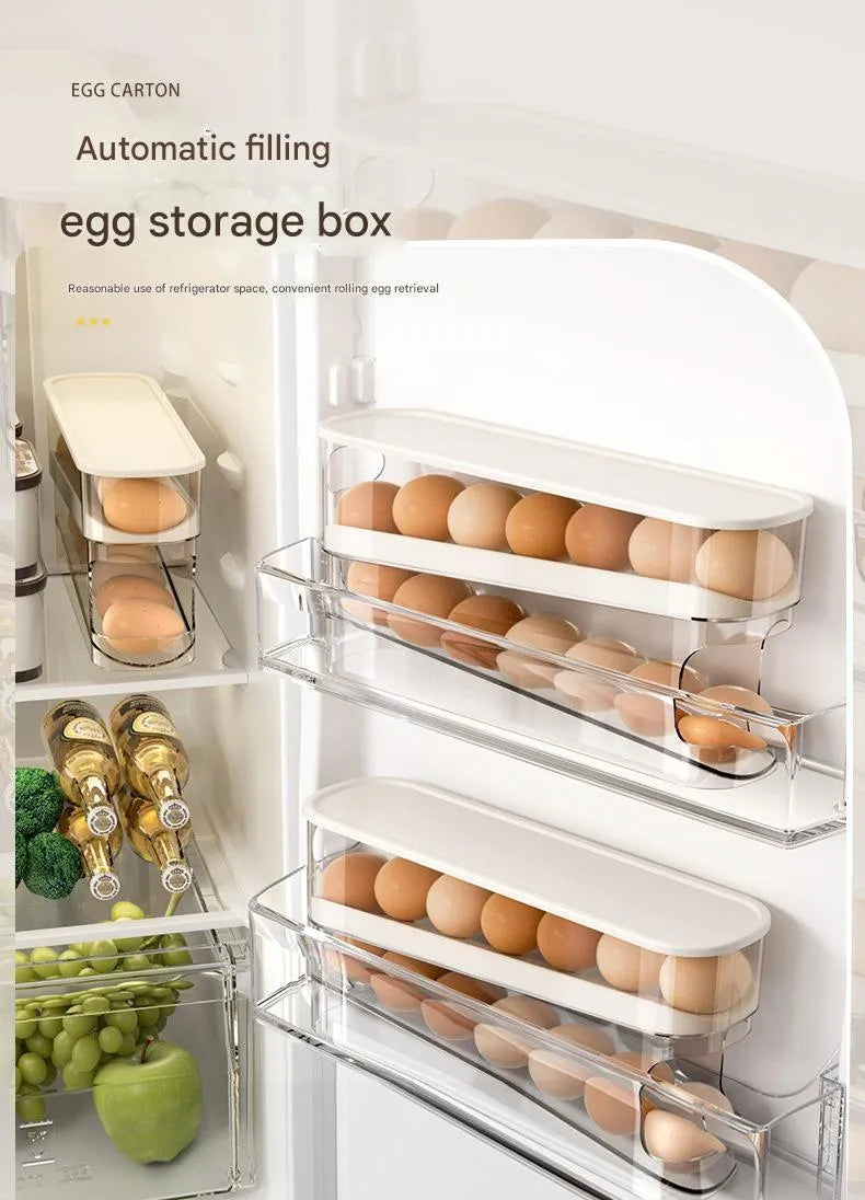 White plastic slide-out egg tray with automatic dispenser on a kitchen countertop