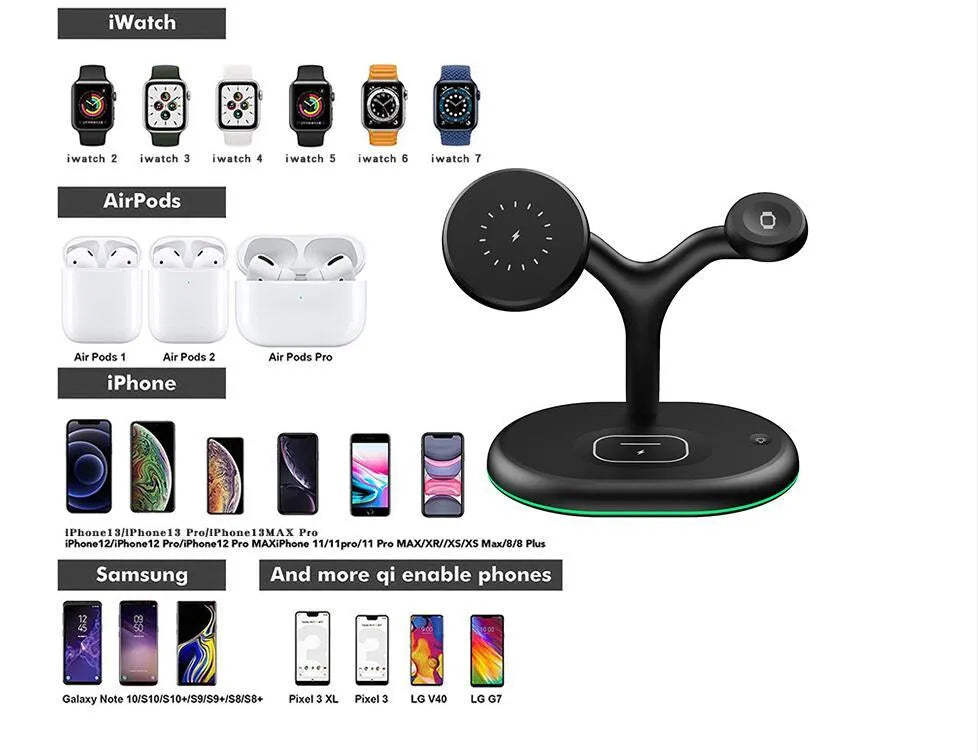 Black vertical magnetic three-in-one wireless charging stand with phone attached and watch charger folded out.