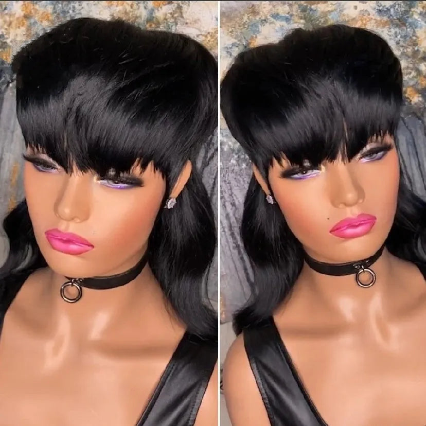 Black Brazilian synthetic wig with fringe bangs and long back layers.