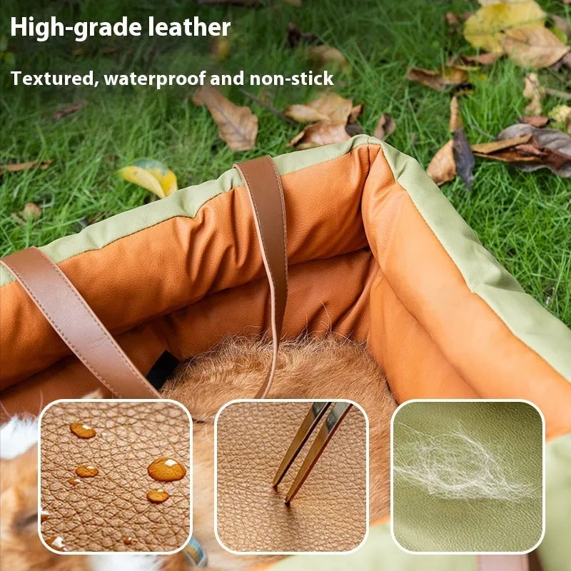 Portable brown cloth car kennel for cats with dimensions 55cm by 50cm by 45cm