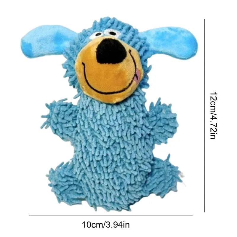Squeaky plush dog toy in blue with cheerful dog shape and built-in squeaker