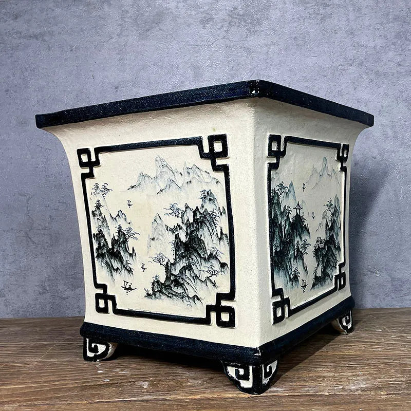 Ceramic flower pot with hand-painted landscape scenery in Chinese style, glazed finish