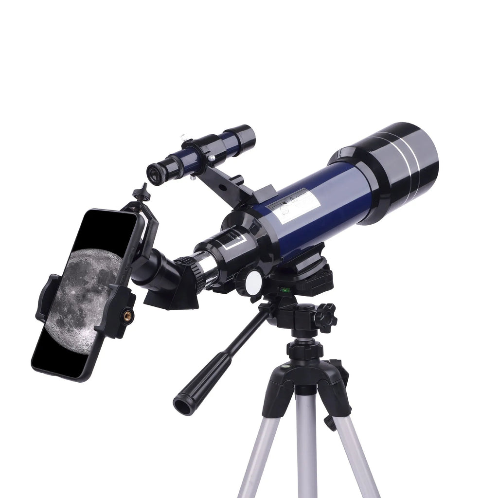 Dark blue children's astronomical monocular telescope on a tripod with optional mobile phone holder attached.