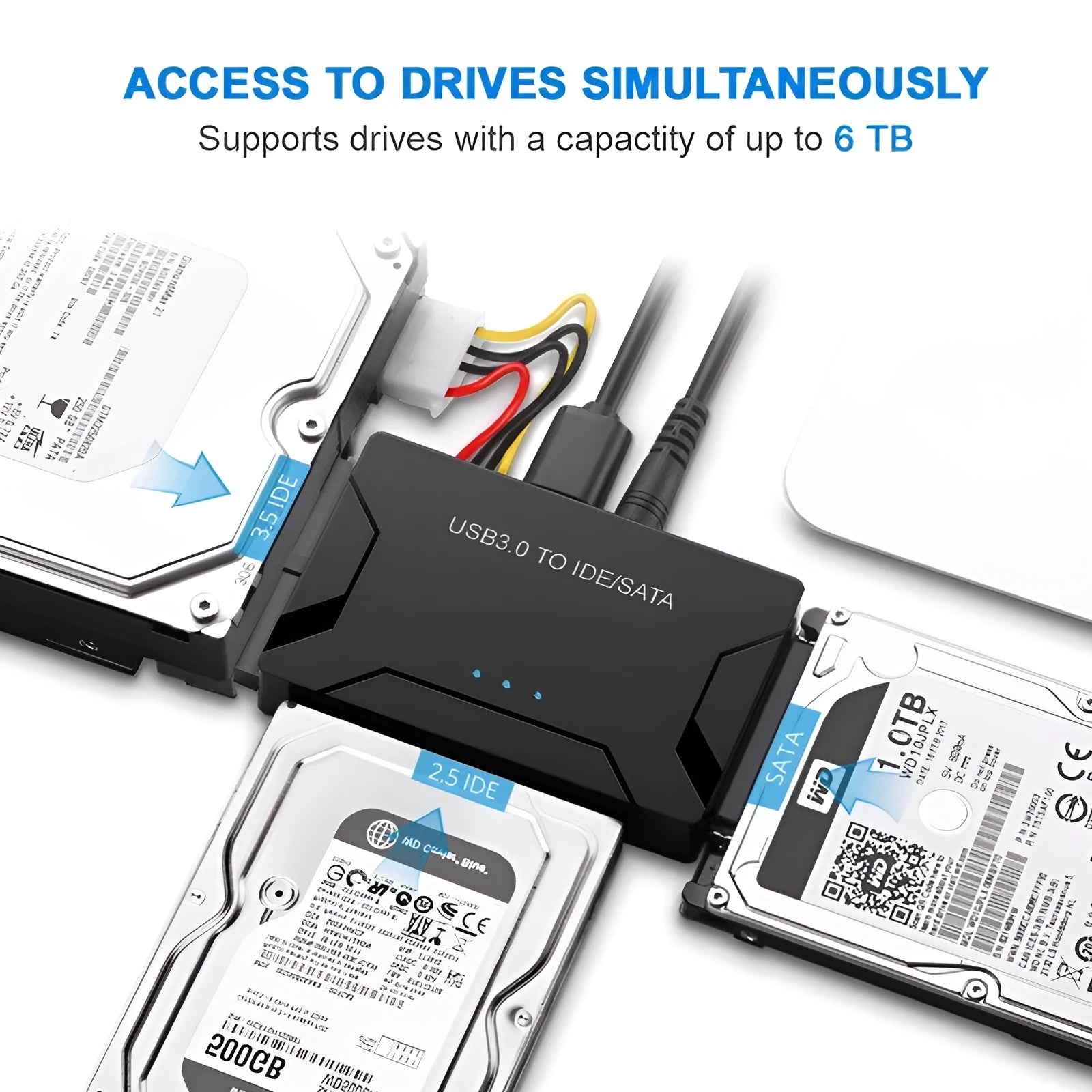 USB 3.0 to IDE and SATA hard disk adapter with power supply and cables for desktop drive connectivity