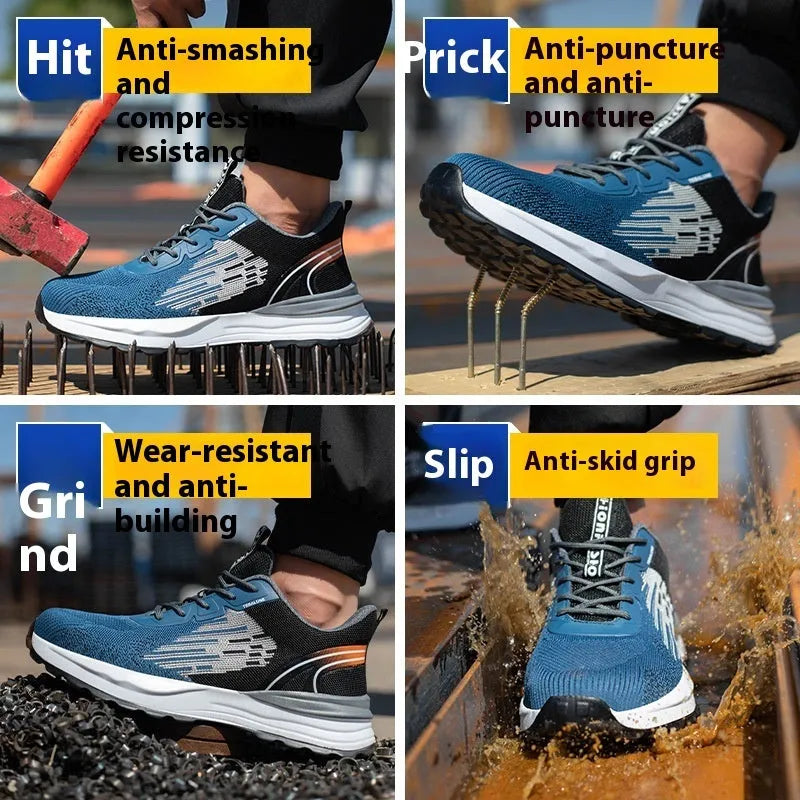 Blue men's safety work shoes with plastic toe cap and Flyknit mesh upper