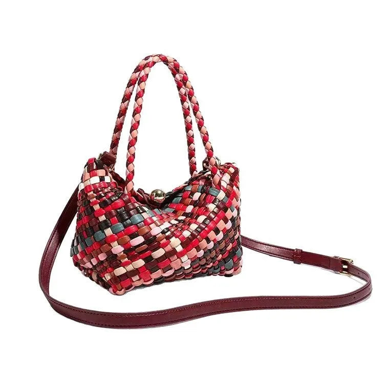 Women's woven PU leather shoulder bag with colour weave pattern, 18cm length