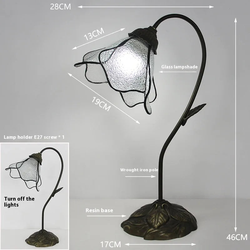 American classical retro style glass table lamp with ornate lotus shade, shown in a beige double head configuration.