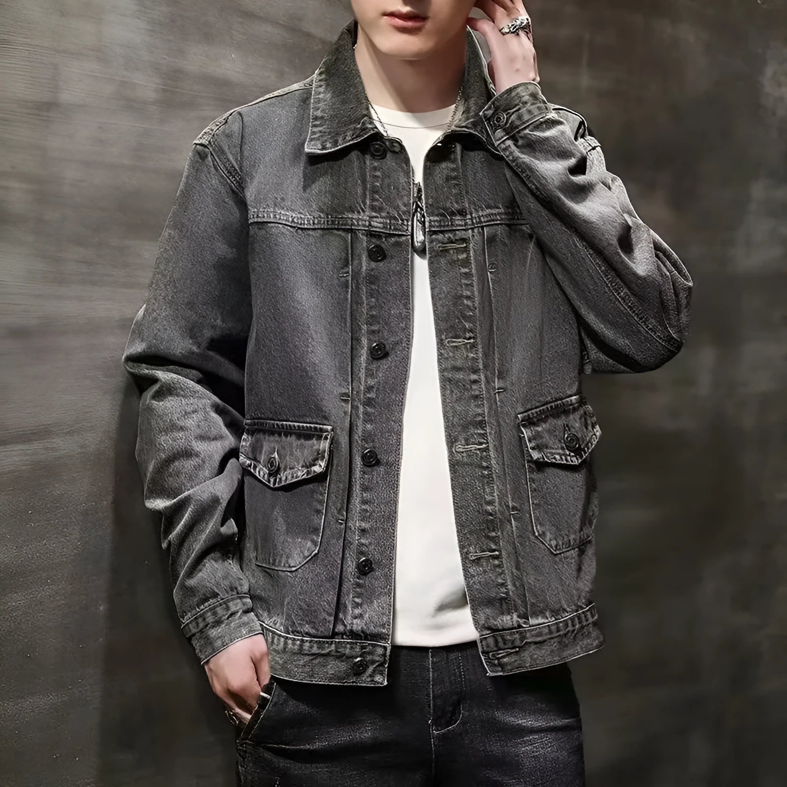 Smoky gray denim short jacket with black and gray colour option, straight hem, and side pockets in Korean style