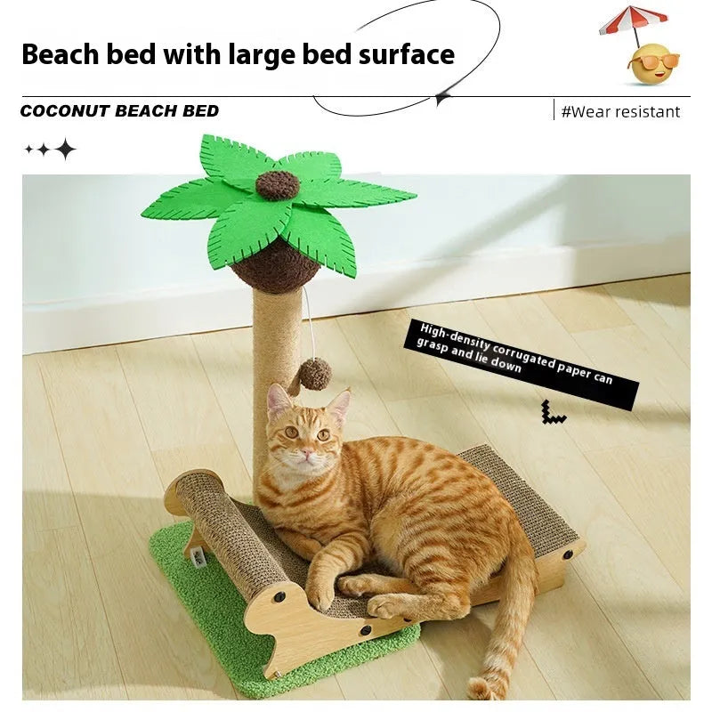 Solid wooden cat climbing frame with integrated hemp scratch board and beach chair-shaped nest for cats.