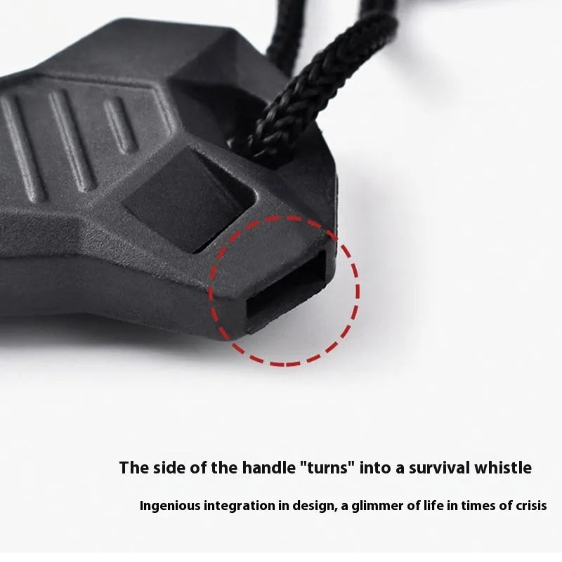 Black outdoor survival multi-tool showing magnesium rod flint and stainless steel scraper with multiple functions.