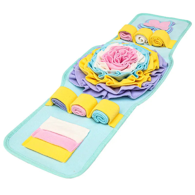 Blue pet sniff mat watch-style design with anti-slip base for slow feeding and nosework training for dogs