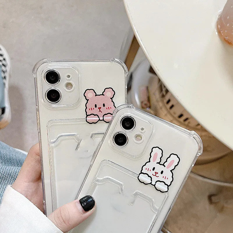 Cartoon design transparent TPU phone case with card slot for Apple iPhone