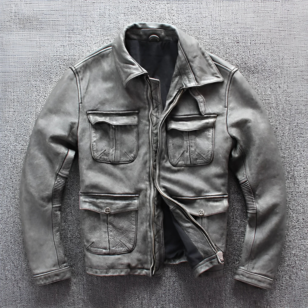 Men's gray genuine leather jacket with shirt collar, round hem, chest pocket, and color block pattern, sizes S-XXXXL.