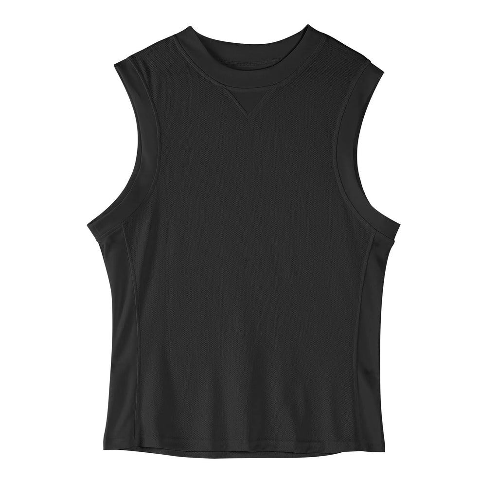 Men's loose fit quick-dry fitness vest in black and white, made from polyester blend fabric for summer sports.