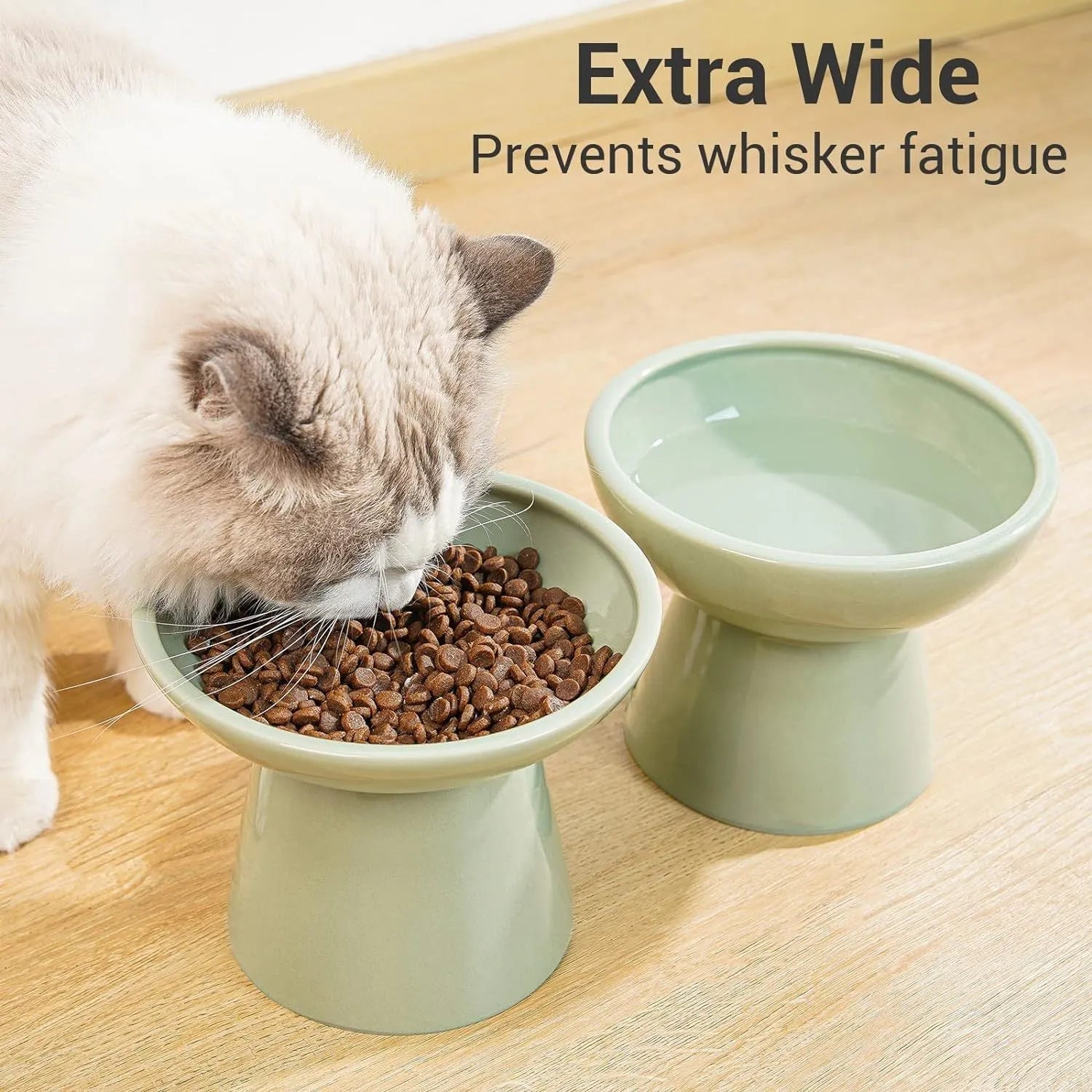 Ceramic elevated cat food and water bowl set in blue, showing wide shallow dish and raised base.