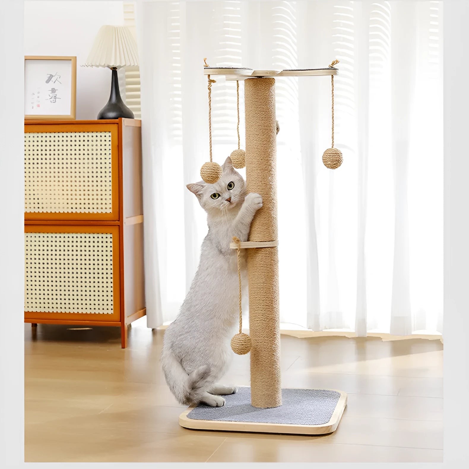 A 62cm tall pine wood cat climbing frame with carpet leather scratching posts, platforms, and a red windmill hanging ball toy.