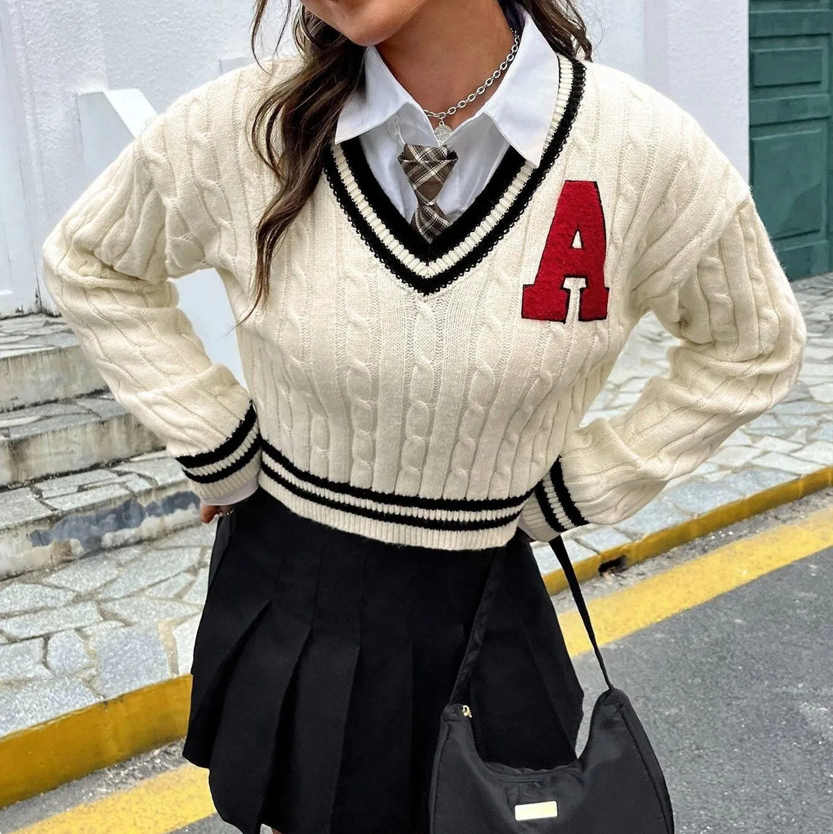 Milky white V-neck striped knitted shirt pullover for women with long sleeves and patch detail