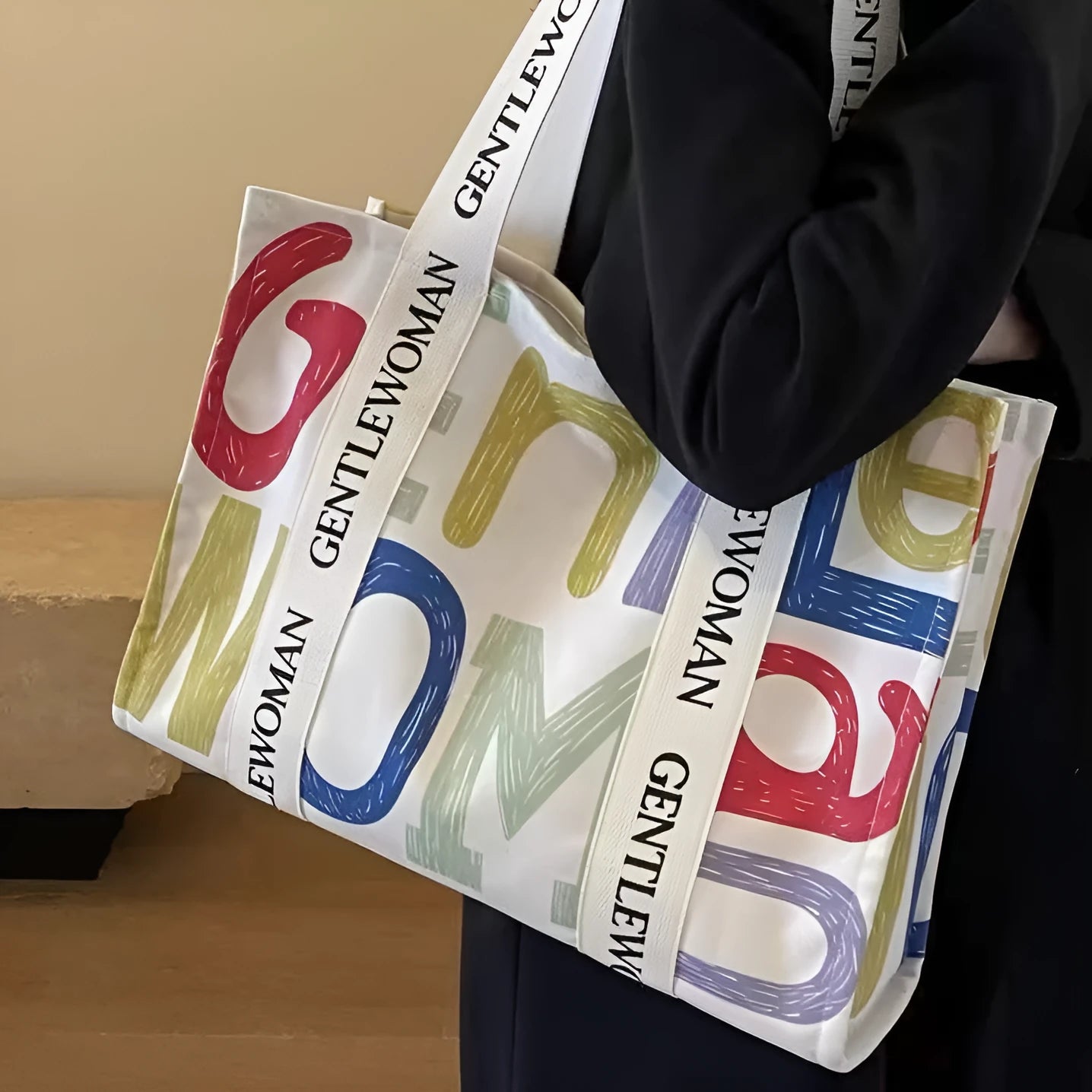 Large women's canvas tote bag with printed design, shown in available colour options.