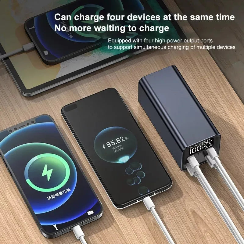 65W metal power bank with 20000mAh capacity for laptop charging, shown in black, blue, and grey colour options.