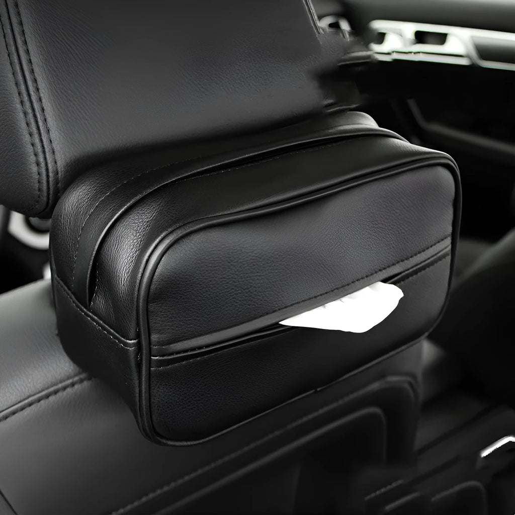 Black leather hanging storage organiser bag with strap for car or home use