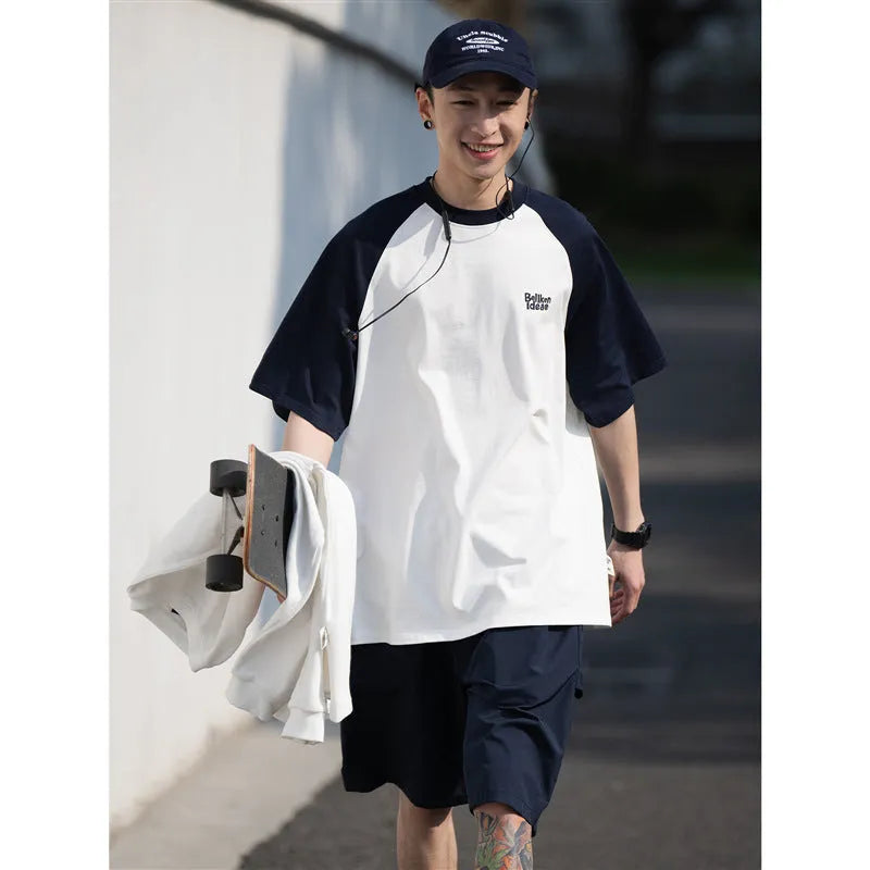 Casual blue raglan sleeve t-shirt with loose pullover style for men