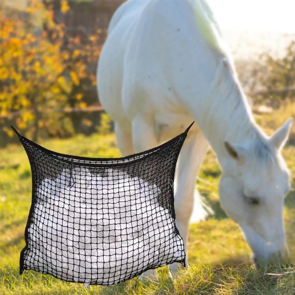 Woven PE rope horse feeding bag hanging with grid design in black colour