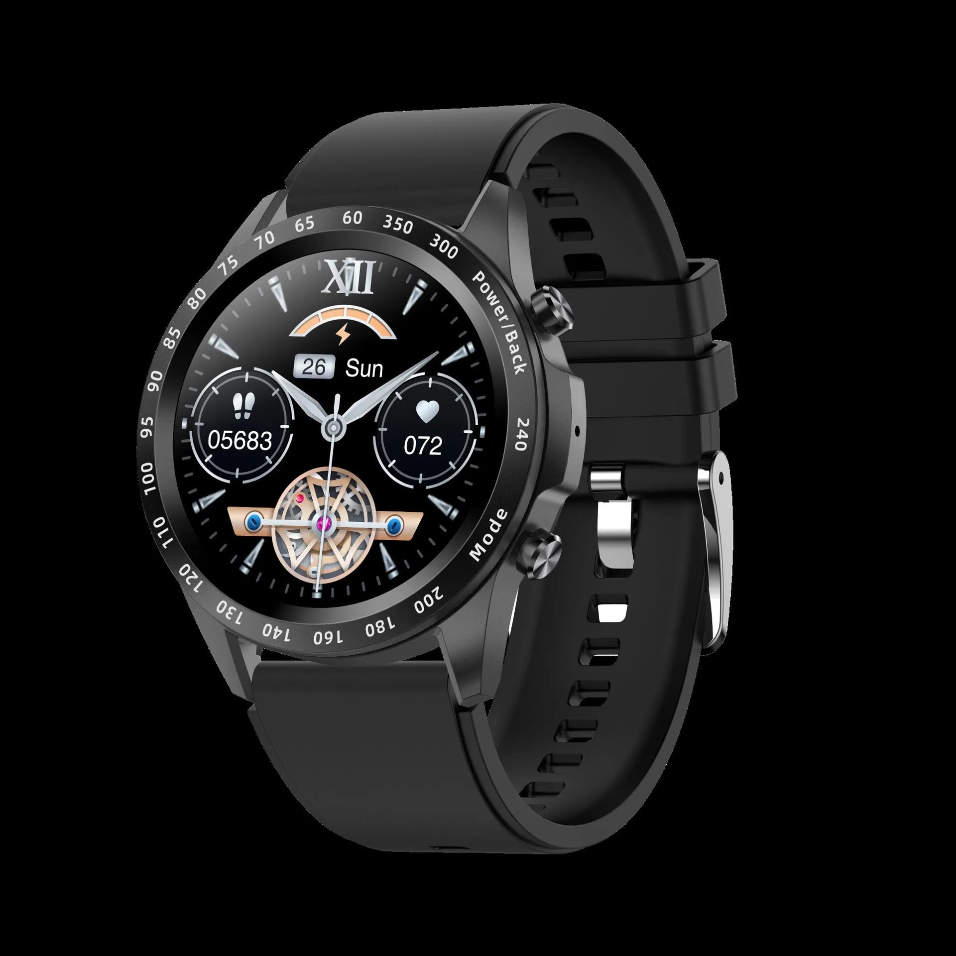 Black Bluetooth smart watch with heart rate monitoring on leather strap showing 1.3 inch touch screen display
