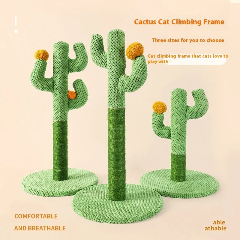 Cactus-shaped cat scratch board with vertical sisal climbing pole in green cotton thread construction