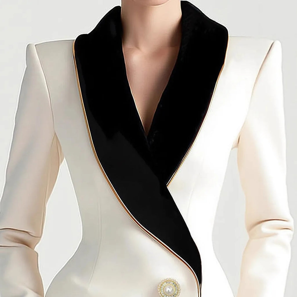 Women's beige long sleeve coat with golden pearl buttons and irregular hemline
