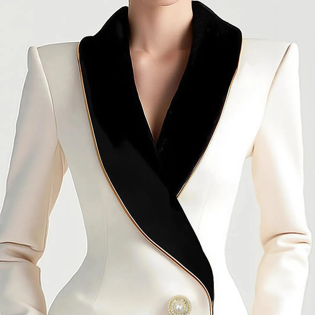 Women's beige long sleeve coat with golden pearl buttons and irregular hemline