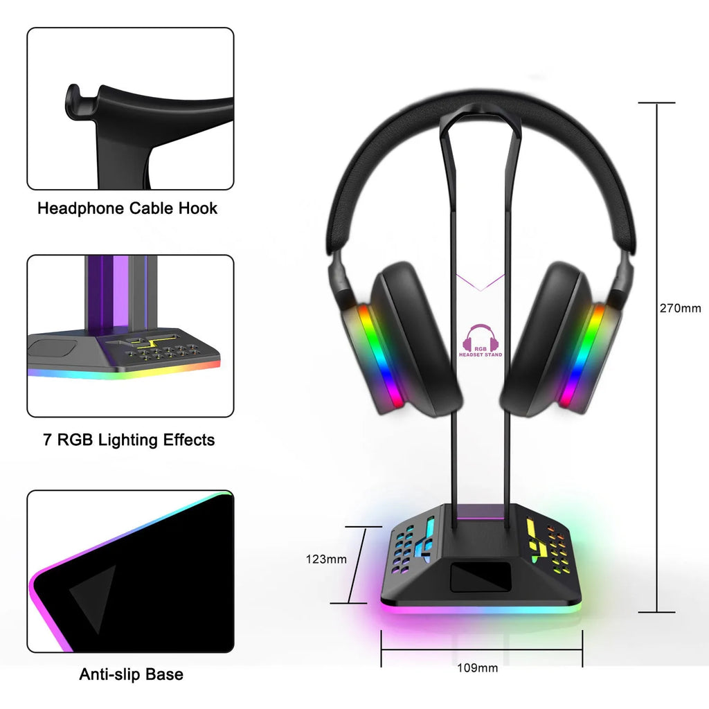 RGB headphone stand with glowing LEDs, dual USB ports, and a headset displayed on it.