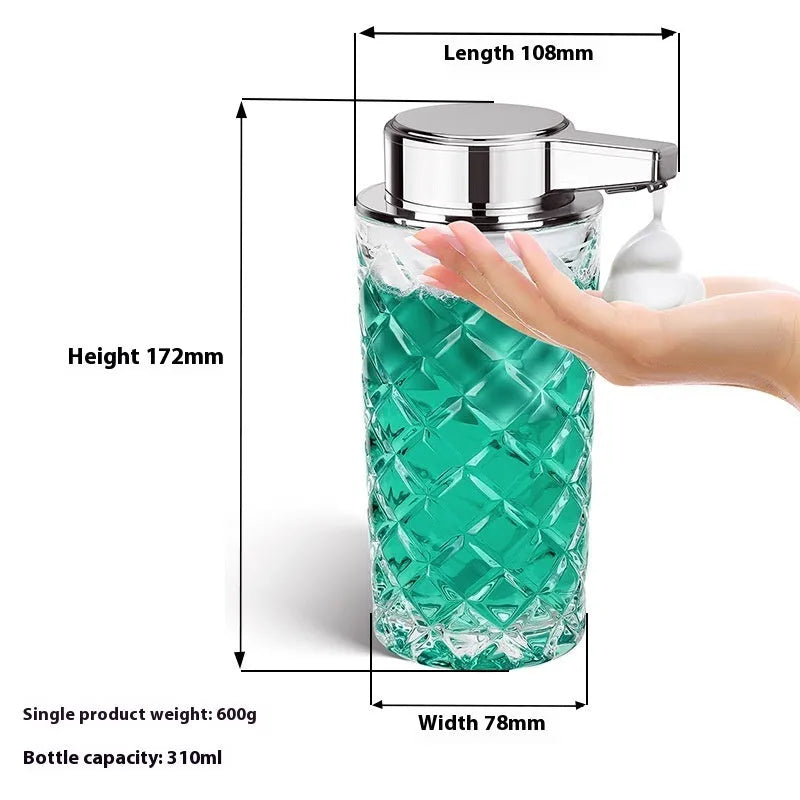 Silver automatic soap dispenser with sensor and Type-C charging port on a bathroom counter.